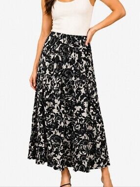 JANE ASHLEY Black Floral Tiered Goth Boho Circle Maxi Skirt